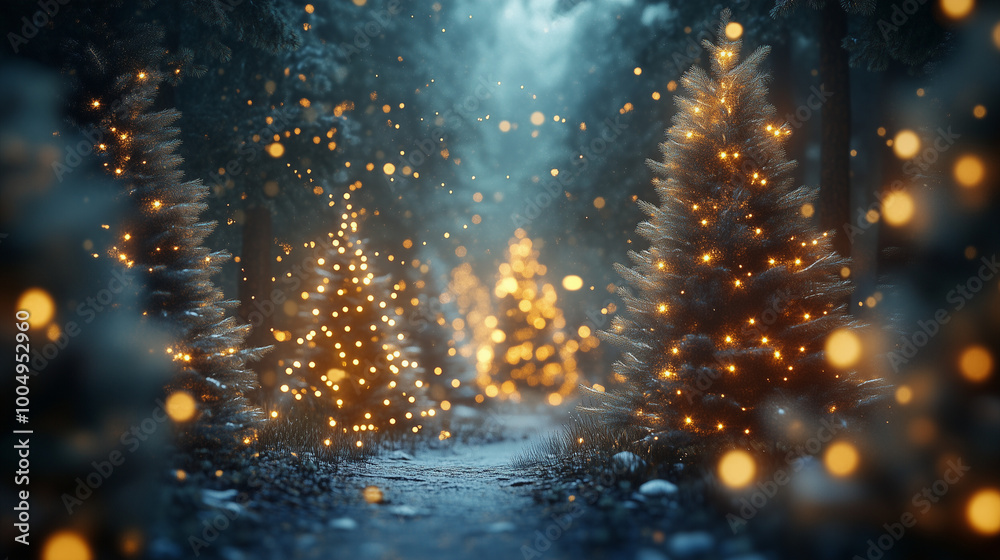 Magical forest with christmas trees and glowing lights
Magical forest with christmas trees and glowing lights