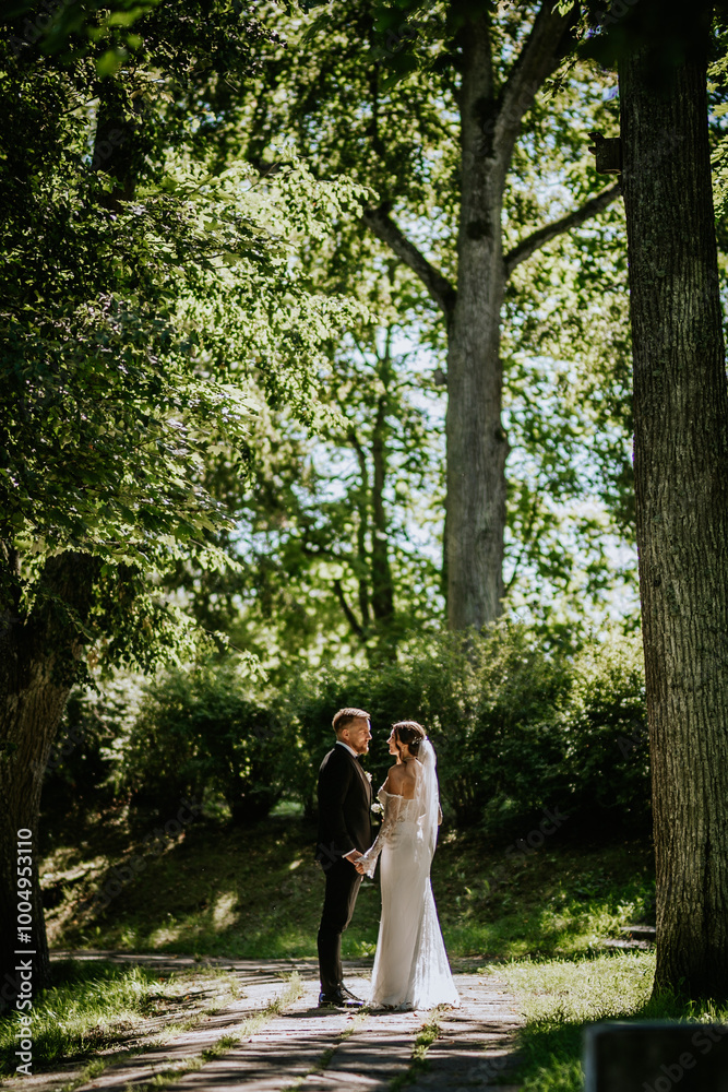 Fototapeta premium A bride and groom stand hand in hand on a tree-lined path, bathed in sunlight, surrounded by lush greenery on their wedding day.