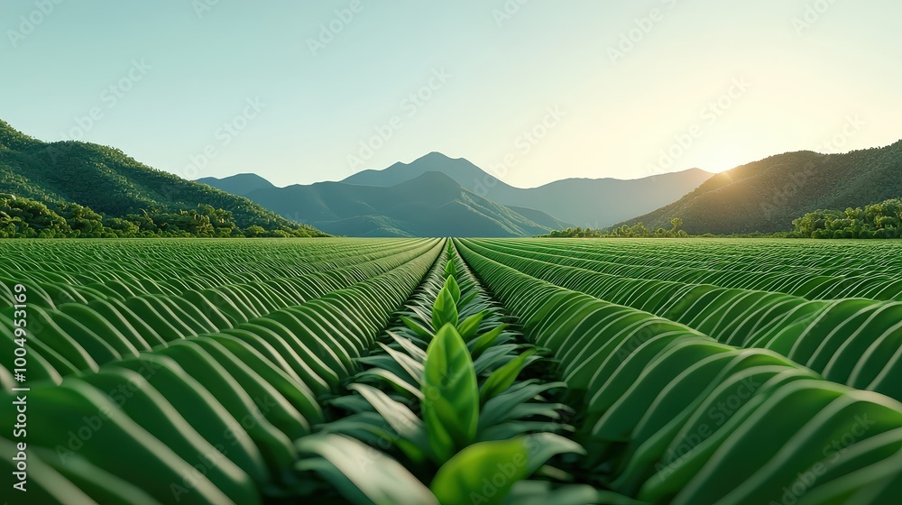 Lush Green Field with Mountain Landscape and Sunset Sky