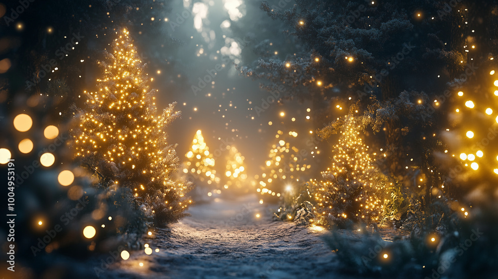 Naklejka premium Magical forest with christmas trees and glowing lights 