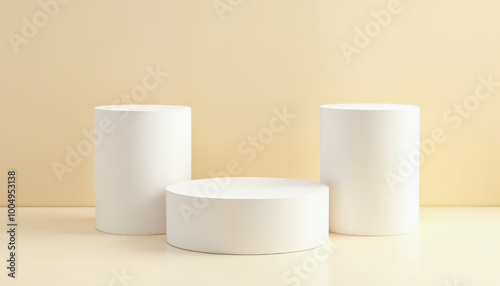 3 3D White Platforms, yellow white cream color background,Plain White Stand, 3D Podium 