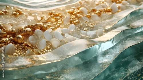 Dynamic mosaic of sea glass and shells, arranged like tidal waves, with bright coral and gold highlights, 3D rendering, Textured details, Futuristic ocean atmosphere photo