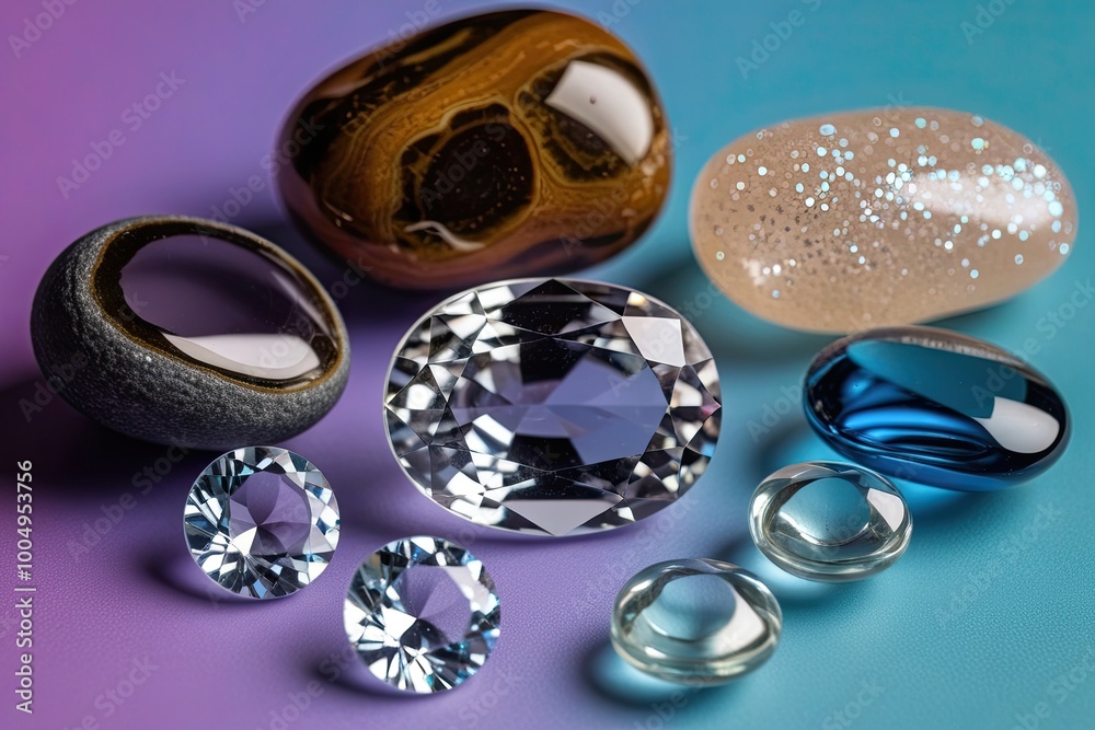 Stunning Natural Gems and Bright Glass Pebbles Against Vibrant Background Stunning Natural Gems and Bright Glass Pebbles Against Vibrant Background