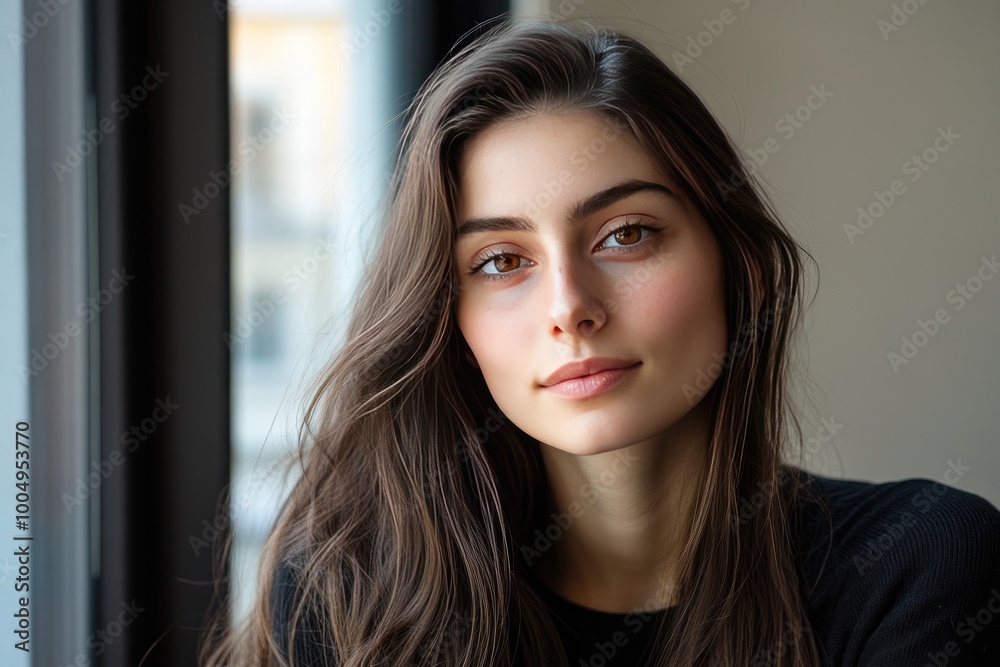 A young woman with long brown hair looks at the camera. This image is perfect for websites or social media posts that target young adults. A young woman with long brown hair looks at the camera. This image is perfect for websites or social media posts that target young adults.