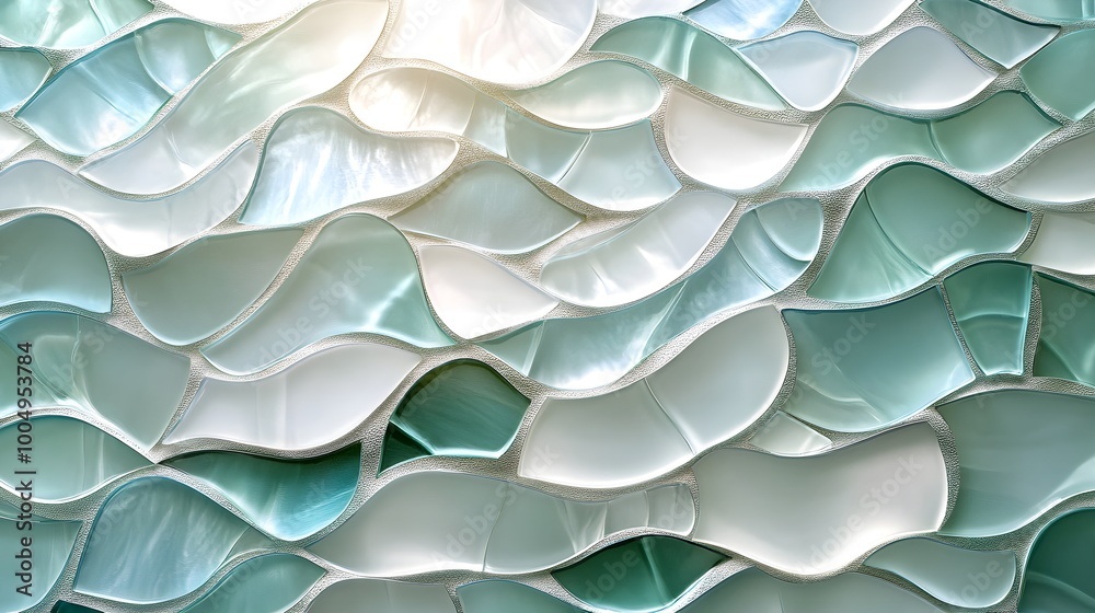 Asymmetrical glass tile mosaic, fluid wave-like design, mixed media, soft pastel blues and greens, shimmering with sunlight reflections Asymmetrical glass tile mosaic, fluid wave-like design, mixed media, soft pastel blues and greens, shimmering with sunlight reflections