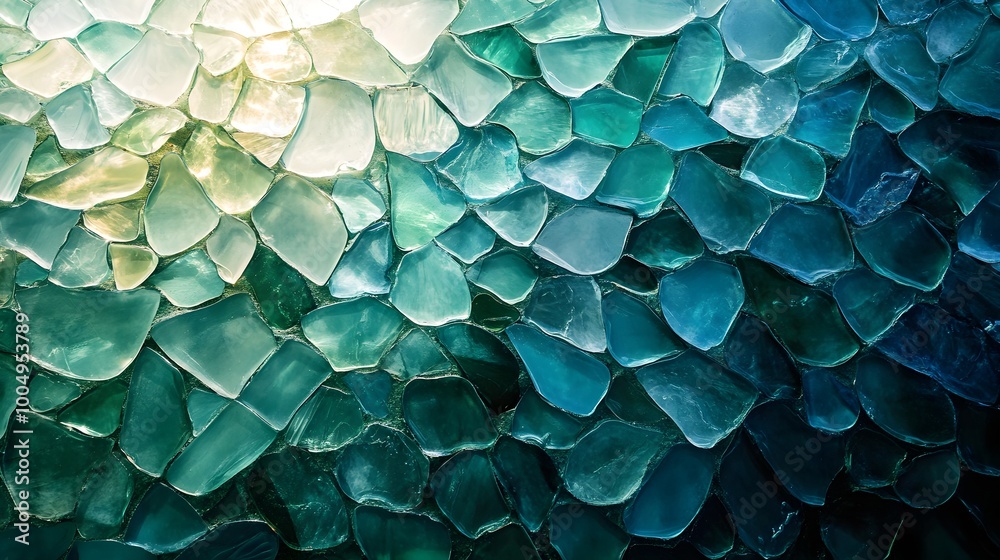 Mosaic wall made from sea glass, the tiles flowing like water, soft translucent hues of blue and green, reflecting sunlight as if underwater Mosaic wall made from sea glass, the tiles flowing like water, soft translucent hues of blue and green, reflecting sunlight as if underwater