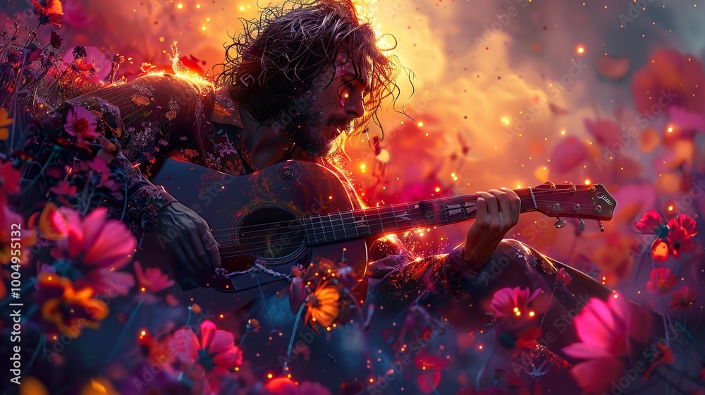 Man Playing Guitar in a Field of Flowers at Sunset Man Playing Guitar in a Field of Flowers at Sunset