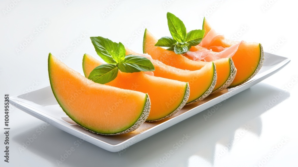 Freshly Sliced Cantaloupe Melon with Green Basil Leaves on White Plate Freshly Sliced Cantaloupe Melon with Green Basil Leaves on White Plate