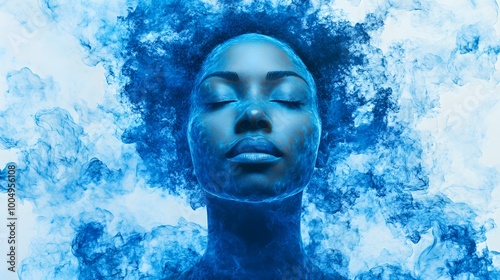 Meditative black woman in an abstract style, radiating calm blue psychic energy, symbolizing well-being, mindfulness, and spiritual self-love