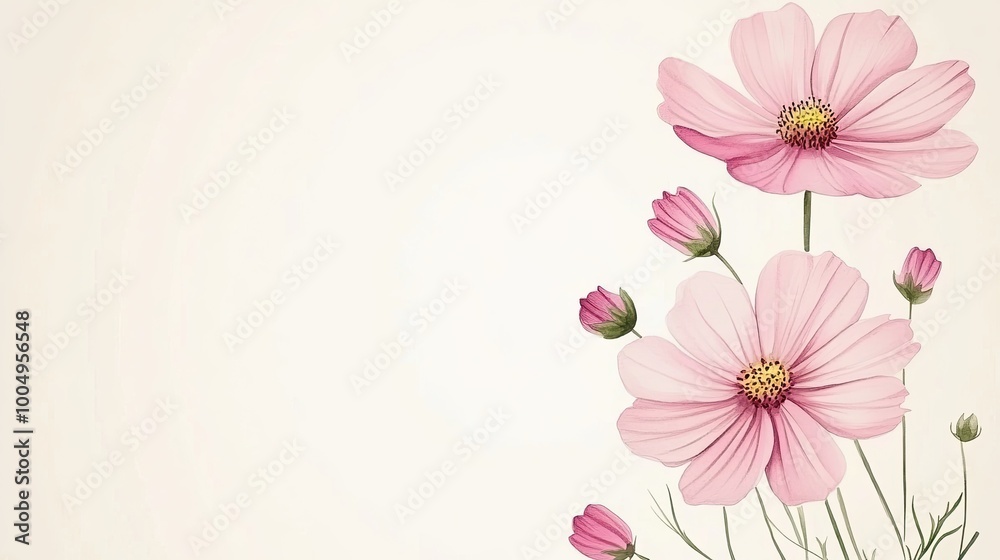 Watercolor-style illustration of delicate pink cosmos flowers with buds, arranged in a corner on a light beige background, leaving space for text. Watercolor-style illustration of delicate pink cosmos flowers with buds, arranged in a corner on a light beige background, leaving space for text.