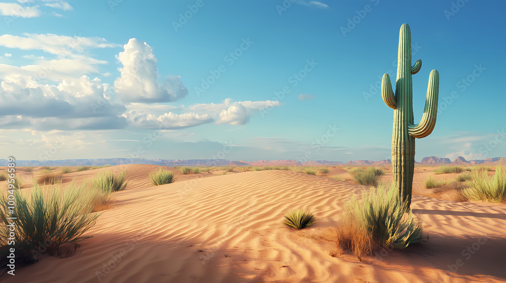 © Thiago - Single saguaro cactus is standing on a sand dune in a vast desert landscape. Sand Dunes. Illustration © Thiago - Single saguaro cactus is standing on a sand dune in a vast desert landscape. Sand Dunes. Illustration