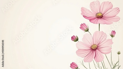 Watercolor-style illustration of delicate pink cosmos flowers with buds, arranged in a corner on a light beige background, leaving space for text.