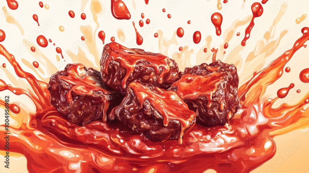 Succulent BBQ Meat Pieces Splashing into Tomato Ketchup Pool on Pastel Background