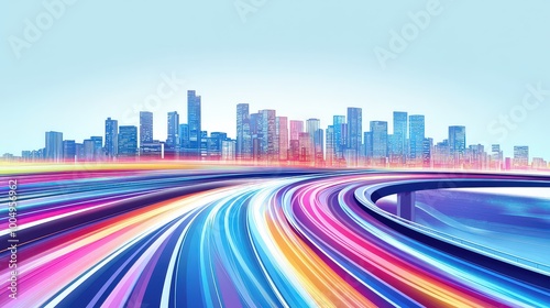 Urban Speedscape - Vibrant City Highway with Colorful Light Trails and Motion Blur Effects on Soft Pastel Background