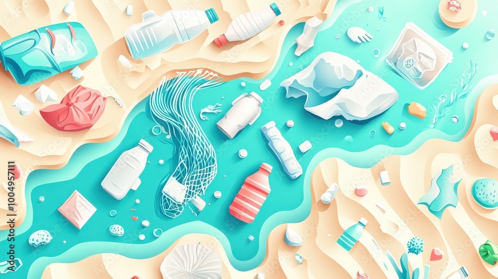 Naklejka premium Underwater Plastic Pollution Awareness - Vector Illustration of Oceanic Waste Impact on Marine Life in Vibrant Cut-Out Design