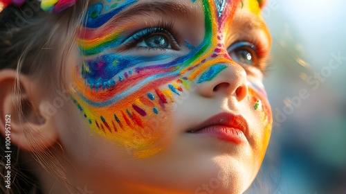 Side profile close-up of a child's face adorned with rainbow tribal paint at a Pride festival. Photorealism, bright sunlight, warm colors, intricate face paint details