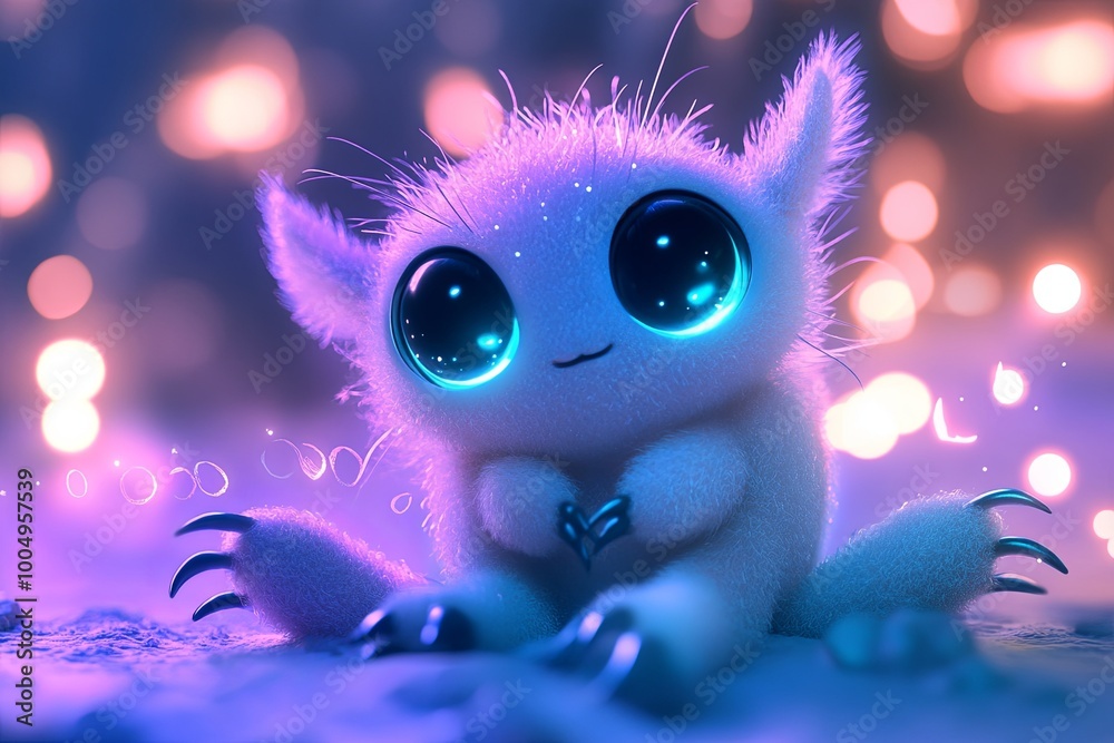 A cute, glowing creature sits playfully in a vibrant environment filled with colorful lights at night. Generative AI