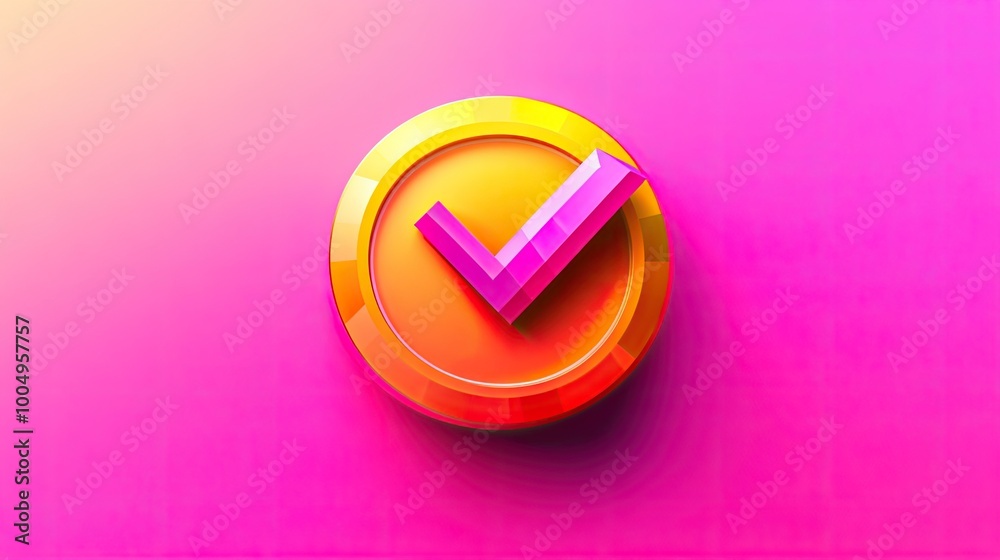 A 3D rendered checkmark inside a circle on a pink and yellow gradient background. A 3D rendered checkmark inside a circle on a pink and yellow gradient background.
