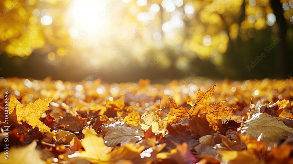 A blanket of golden autumn leaves covers the forest floor, bathed in the warm glow of the setting sun. A blanket of golden autumn leaves covers the forest floor, bathed in the warm glow of the setting sun.