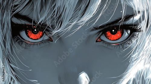 Close up of angry red eyes with white hair. Concept of rage, fury, anger, intensity, danger, evil, vengeance.