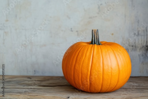 Orange halloween pumpkin on wooden table White wall background - generative ai