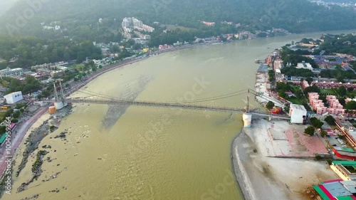  Aerial view of Janki setu bridge across the river ganga, city of rishikesh in the Indian state of uttarakhand India photo