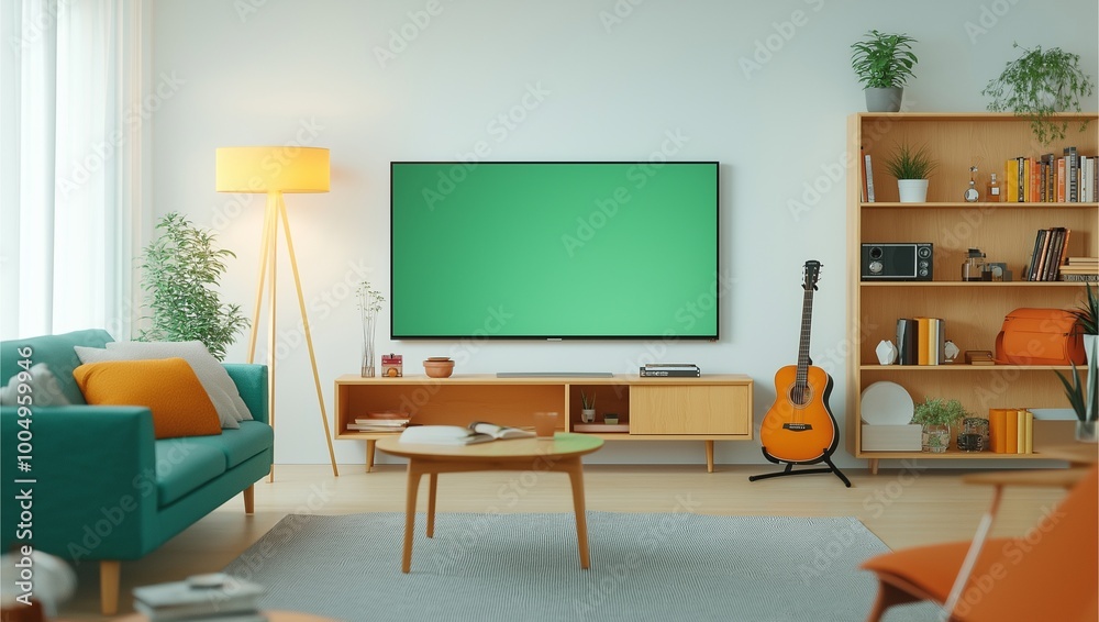 A cozy, modern living room with a large TV, guitar, and neatly organized bookshelf, showcasing a harmonious blend of comfort and style with natural light and decor. A cozy, modern living room with a large TV, guitar, and neatly organized bookshelf, showcasing a harmonious blend of comfort and style with natural light and decor.