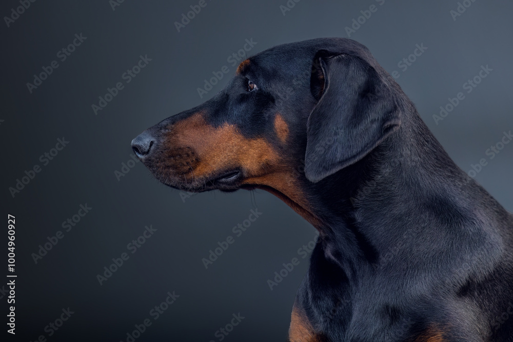 Portrait of a female doberman dog in front of black studio background Portrait of a female doberman dog in front of black studio background