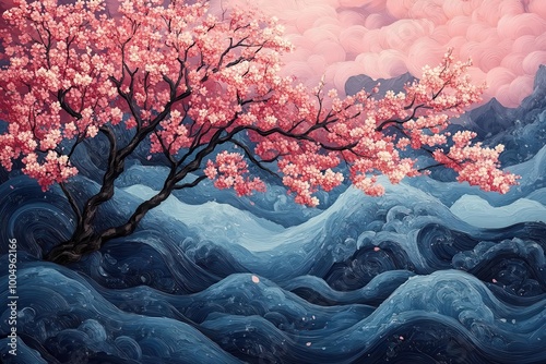 fluid and organic waves reminiscent of hokusais style painted in vibrant blues and pinks intertwine with serene sakura trees creating a tranquil yet dynamic visual experience photo