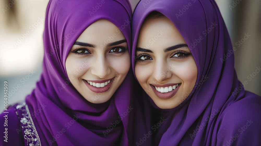 Hijabi women in vibrant purple hijabs, embracing each other with smiles and joy, inclusive celebration of friendship and equality, International Women's Day Hijabi women in vibrant purple hijabs, embracing each other with smiles and joy, inclusive celebration of friendship and equality, International Women's Day