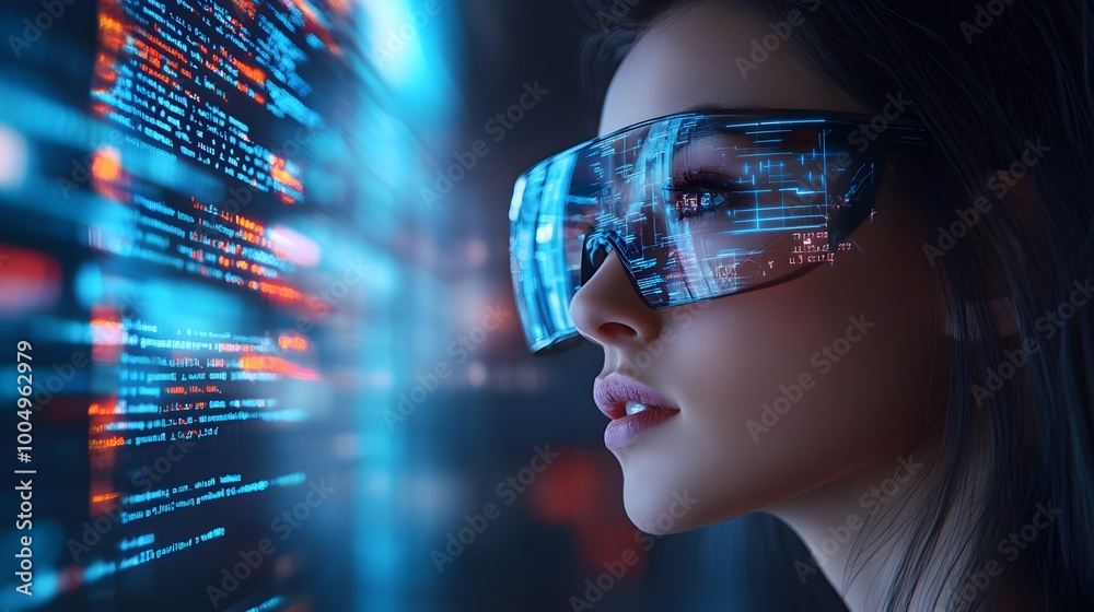 Illustration of a female IT student interacting with code in an augmented reality interface, AI-driven data analysis, cyber protection concepts, immersive learning Illustration of a female IT student interacting with code in an augmented reality interface, AI-driven data analysis, cyber protection concepts, immersive learning