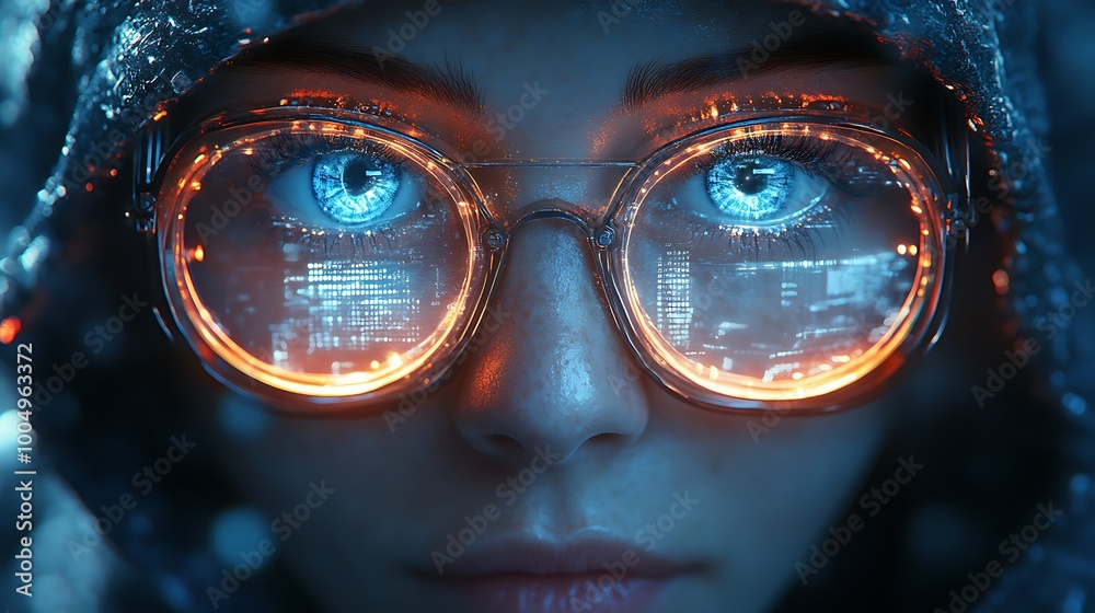 Woman with futuristic glasses and glowing blue eyes. Futuristic technology, cyborg, artificial intelligence, virtual reality, cyberpunk, science fiction, digital, abstract art, modern concept. Woman with futuristic glasses and glowing blue eyes. Futuristic technology, cyborg, artificial intelligence, virtual reality, cyberpunk, science fiction, digital, abstract art, modern concept.
