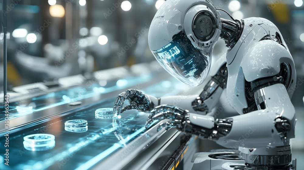 Fototapeta premium Robot arms with built-in holographic screens performing instant quality checks on food, chrome and glass textures, cyberpunk style, soft blue light, intricate, digital art