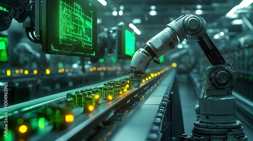 Close-up of an advanced robotic arm inspecting products on a conveyor belt, holographic AI screens floating above, Sci-Fi, neon green lighting, isometric perspective