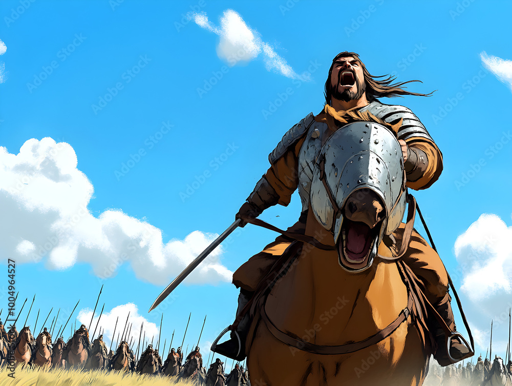 Naklejka premium A bold Mongol chieftain, mounted on a powerful horse, rallying his troops as they prepare for a large-scale raid across the vast steppes, the wind blowing through his hair. Mongol chieftain rallying h