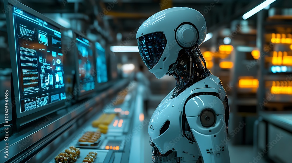 AI-powered robots inspect food production lines, holographic data displays glowing in the background, surrounded by sleek machinery, Futuristic, Neon Lighting, 3D Render