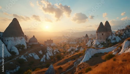 View of the Gerome National Park in Cappadocia Turkey during sunset 