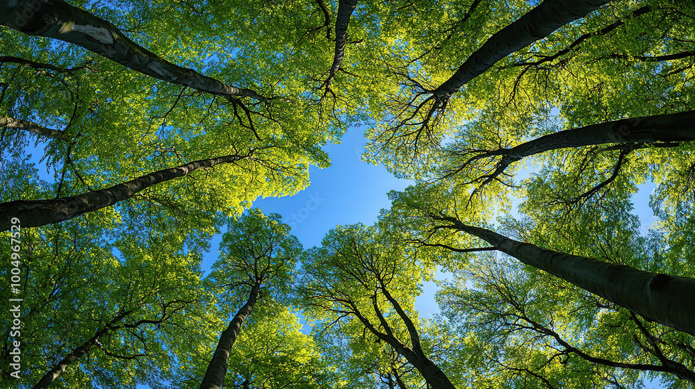 A tree canopy shoot from below, capturing the intricate details of the leaves and branches. The sky is visible through the gaps in the canopy, showcasing a vibrant blue backdrop. A tree canopy shoot from below, capturing the intricate details of the leaves and branches. The sky is visible through the gaps in the canopy, showcasing a vibrant blue backdrop.