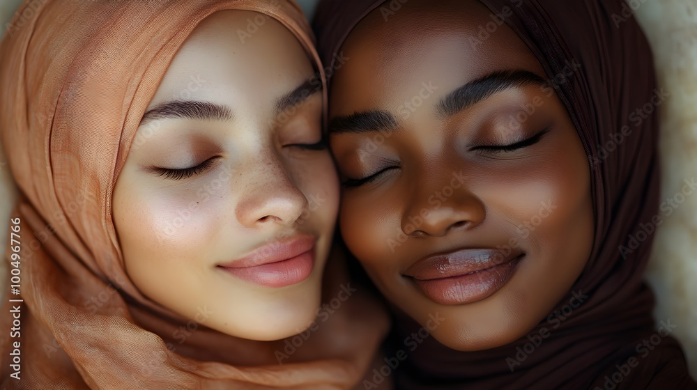 Close-up of Black Muslim women in hijabs, smiling and embracing, celebrating sisterhood on International Women's Day. Realism, warm colors, high contrast, soft focus, dynamic composition Close-up of Black Muslim women in hijabs, smiling and embracing, celebrating sisterhood on International Women's Day. Realism, warm colors, high contrast, soft focus, dynamic composition