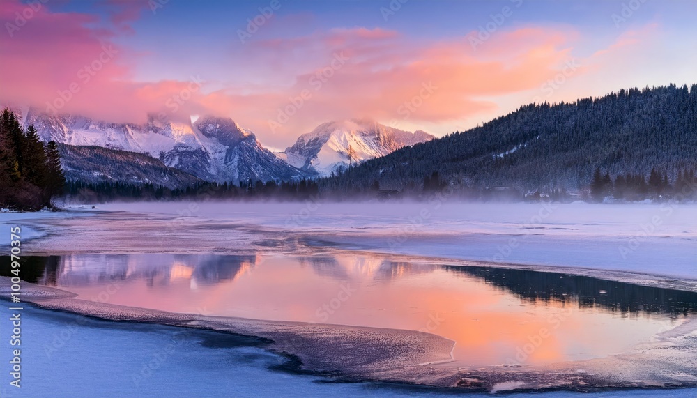 A frozen lake reflecting the pink and purple hues of a winter sunset, with snow-capped mountains in the background and soft mist rising from the ice. A frozen lake reflecting the pink and purple hues of a winter sunset, with snow-capped mountains in the background and soft mist rising from the ice.