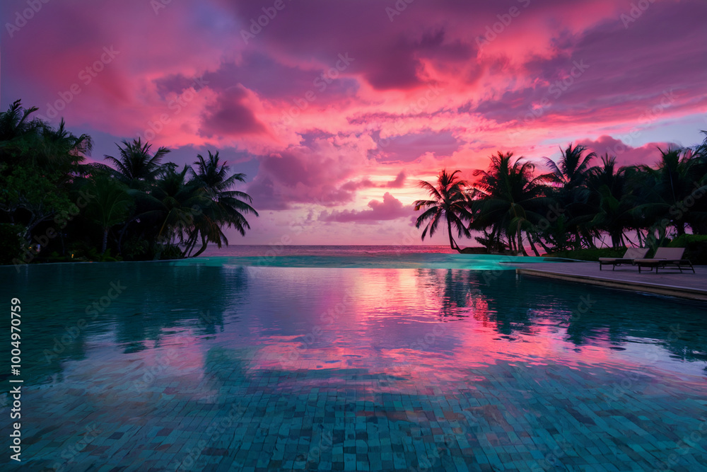 Obraz premium A tranquil tropical setting during sunset. A luxurious infinity pool stretches out, reflecting the vibrant hues of the pink and purple sky.