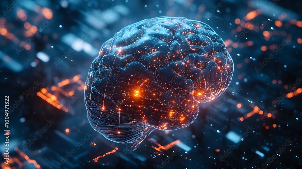 AI-augmented brain merging with augmented reality tech, detailed 3D robotic enhancements, glowing digital pathways, futuristic visualization, technology integration AI-augmented brain merging with augmented reality tech, detailed 3D robotic enhancements, glowing digital pathways, futuristic visualization, technology integration