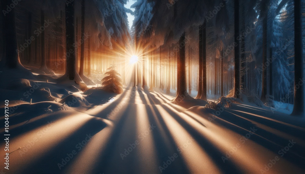 A serene snow-covered forest at sunrise, with light rays breaking through the frost-covered trees, casting long shadows on the pristine white snow