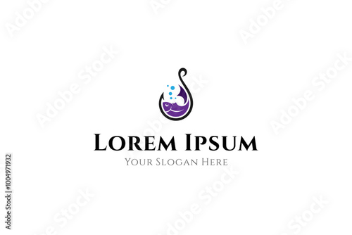 fish logo with fishing hook combination in flat design style