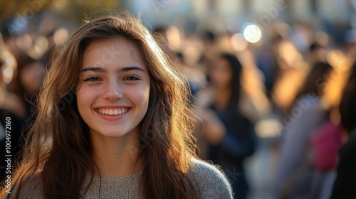 Portrait of a smiling joyful young woman against the background of a crowd of people with space for text or inscriptions, health, happiness and good mood