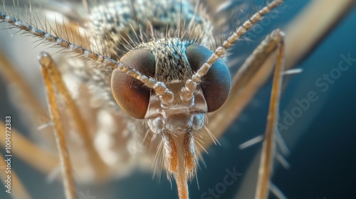 Super macro close-up of a hairy mosquito head with big eyes