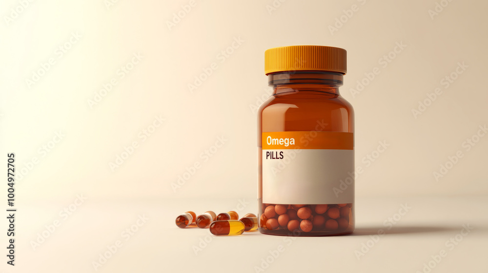 Dark brown bottle of vitamin D3 or Omega 3 capsules with capsules next to them on a light beige background with space for text or lettering, bottle with a label that says Dark brown bottle of vitamin D3 or Omega 3 capsules with capsules next to them on a light beige background with space for text or lettering, bottle with a label that says