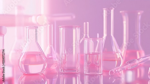 Various laboratory or chemical glassware set on light pink background close up. Cosmetic background, with space for text or inscriptions