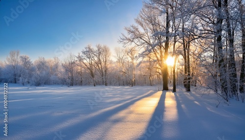 A serene snow-covered forest at sunrise, with light rays breaking through the frost-covered trees, casting long shadows on the pristine white snow