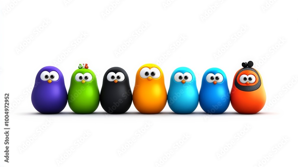 Colorful Cartoon Birds Line Up: A whimsical and playful lineup of seven cartoon birds in a vibrant rainbow of colors, each with big eyes and a charming expression. Colorful Cartoon Birds Line Up: A whimsical and playful lineup of seven cartoon birds in a vibrant rainbow of colors, each with big eyes and a charming expression.